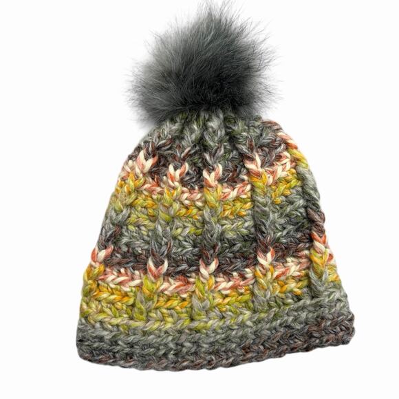 Crocheted by Colleen Handmade Beanie Multicolor Knit Hat Faux Fur Pompom Winter - Picture 7 of 8